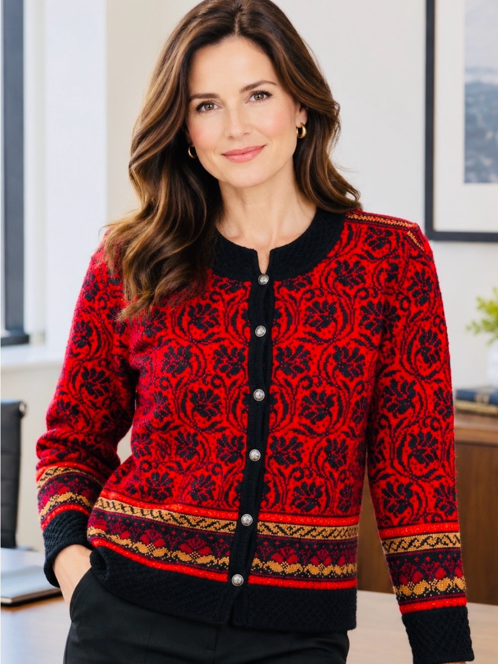 Dale of Norway Red & Black Floral Pattern 100% Wool Cardigan w/ Metallic Buttons